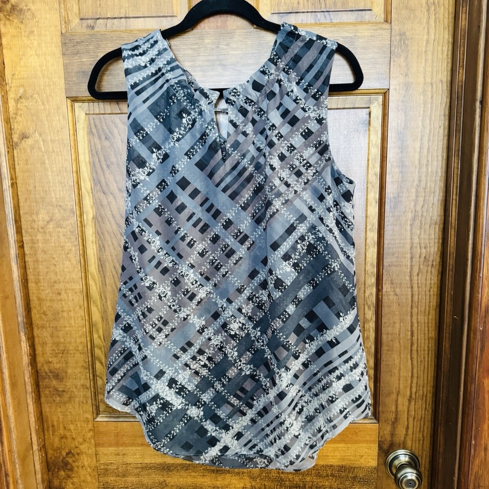 Cabi #3451 Graph Trellis Sleeveless Blouse Keyhole Ruffled Collar Medium